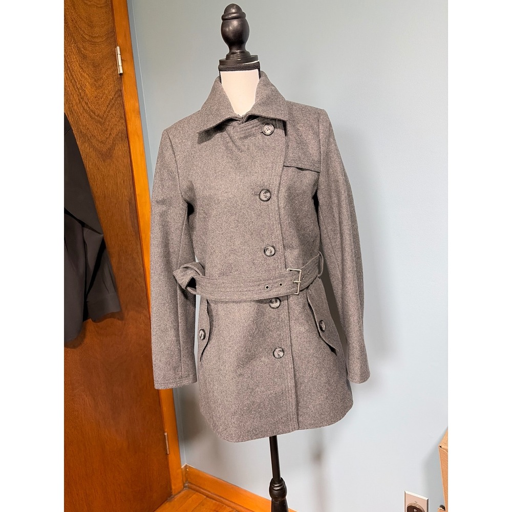 ana A New Approach Gray Wool Blend Belted Pea Coat Jacket Womens Medium